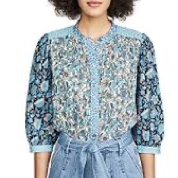 LA VIE By Rebecca Taylor Mixed Print Button-Front Peasant Blouse NWOT/sz XL - Picture 1 of 12